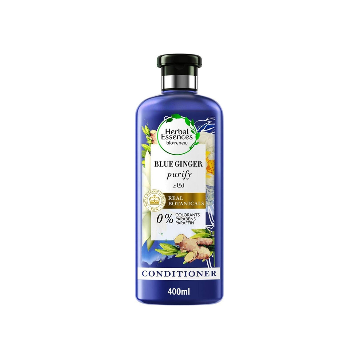 Refect Beauty Herbal Essences Blue Ginger conditioner bottle with botanical illustrations on a blue background.