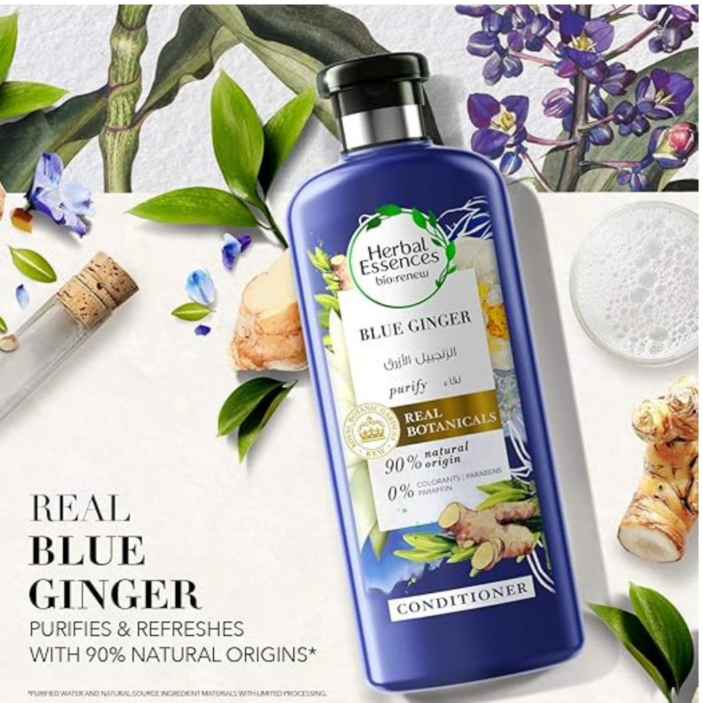 Refect Beauty Herbal Essences Blue Ginger conditioner bottle with botanical illustrations of ginger and purple flowers.