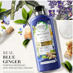 Refect Beauty Herbal Essences Blue Ginger conditioner bottle with botanical illustrations of ginger and purple flowers.
