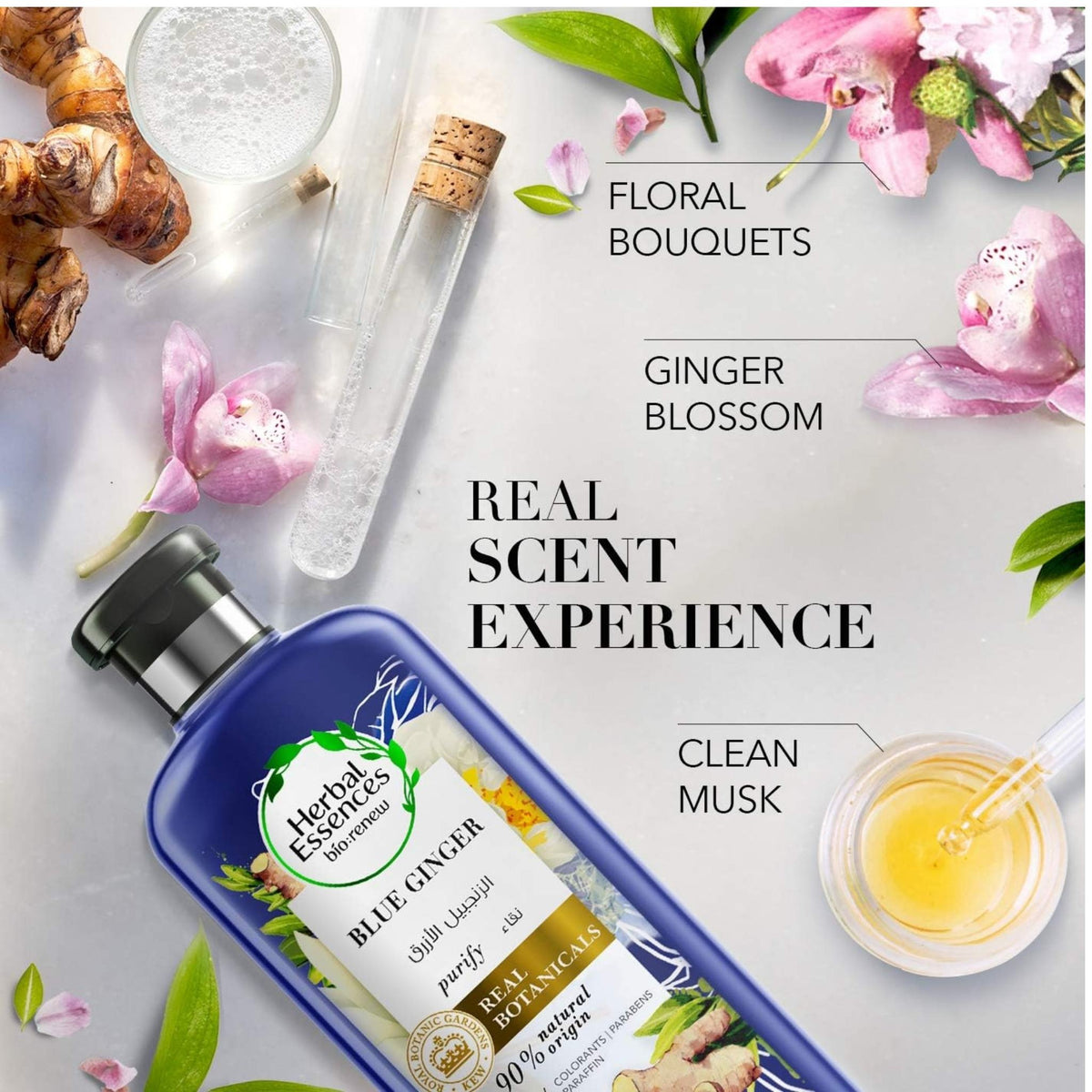 Refect Beauty Herbal Essences Blue Ginger conditioner bottle surrounded by ginger root, orchids, and botanical oils.