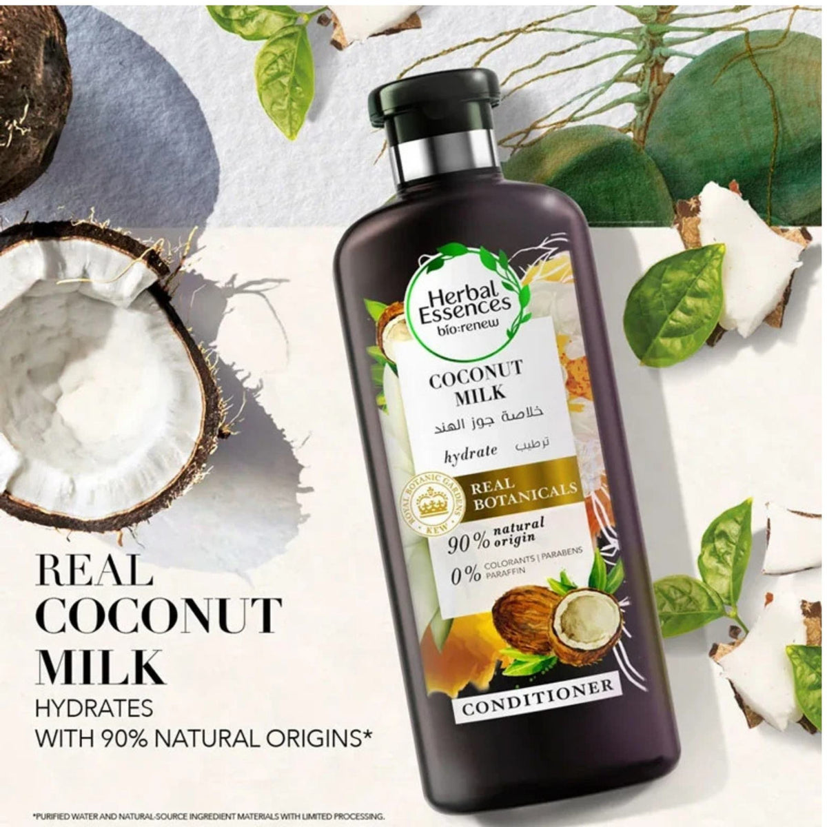 Refect Beauty Herbal Essences Hydrate Coconut Milk Conditioner bottle with coconut and green leaves on a white surface
