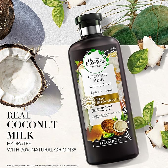 Refect Beauty Herbal Essences Renew Coconut Milk hydrating shampoo bottle with coconut and botanical illustrations