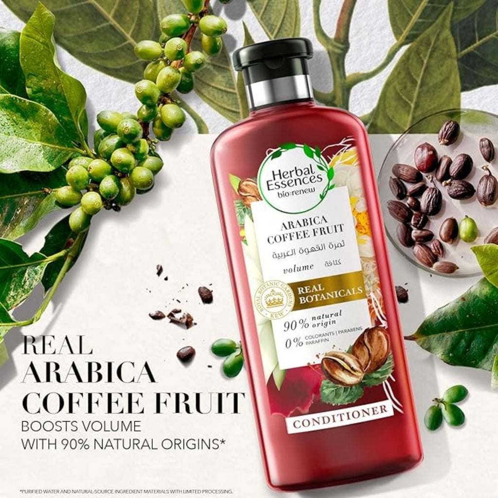 Refect Beauty Herbal Essences Arabica Coffee Fruit volume conditioner bottle with coffee beans and leaves background