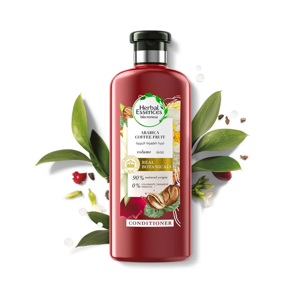 Refect Beauty Herbal Essences Arabica Coffee Fruit volume conditioner bottle with botanical ingredients and leaves.