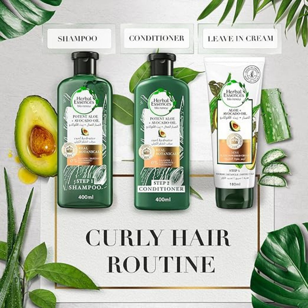 Refect Beauty Herbal Essences Potent Aloe and Avocado Oil curly hair routine set with shampoo, conditioner, and cream.