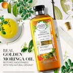 Refect Beauty Herbal Essences Bio:Renew Golden Moringa Oil Shampoo bottle with botanical ingredients and oil bowl.