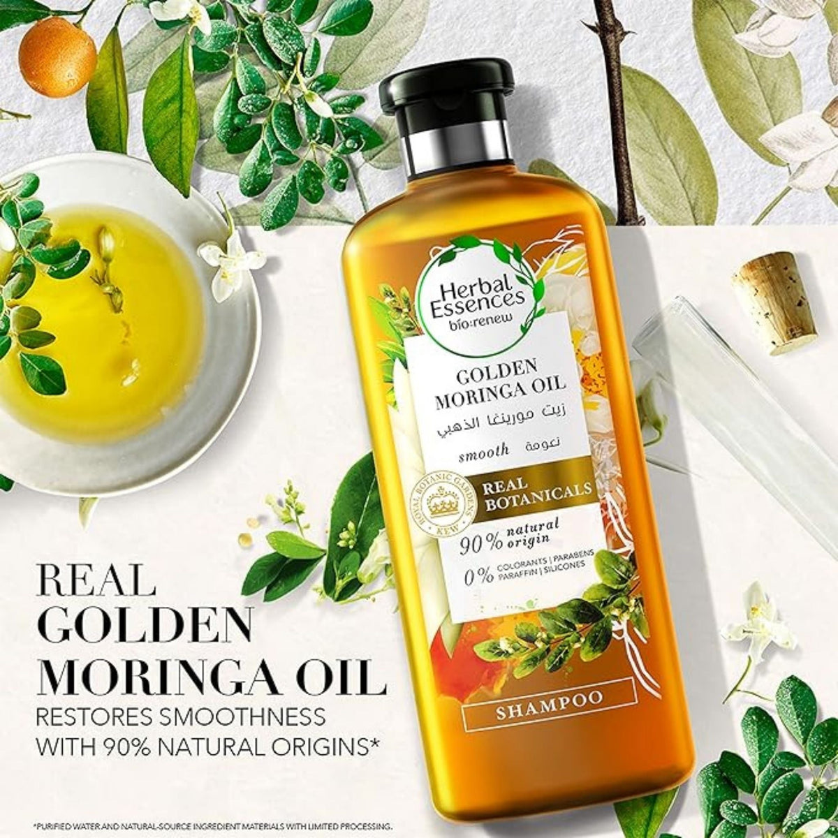 Refect Beauty Herbal Essences Bio:Renew Golden Moringa Oil Shampoo bottle with botanical ingredients and oil bowl.