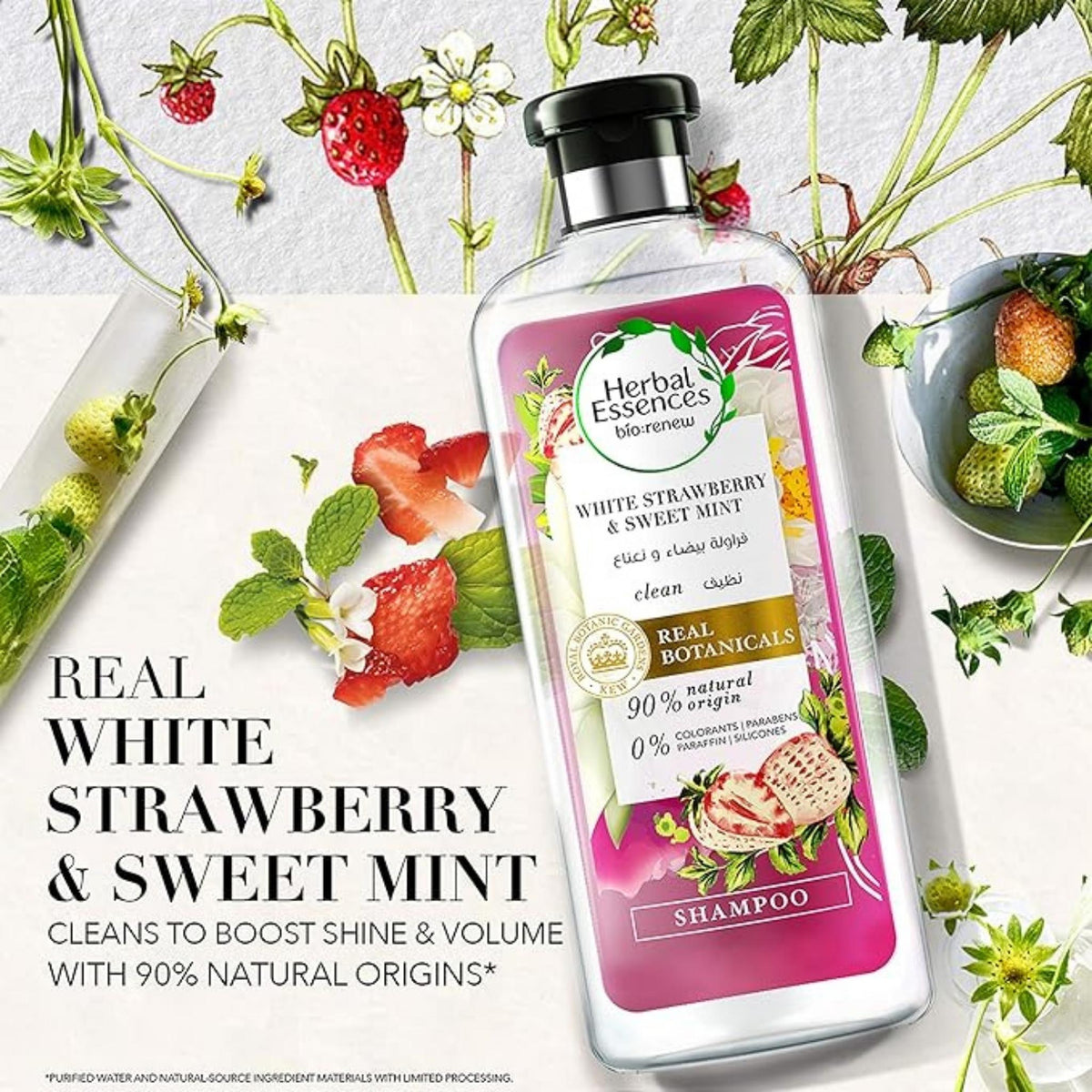 Refect Beauty Herbal Essences Bio:Renew White Strawberry & Sweet Mint shampoo bottle with fresh fruit and mint leaves