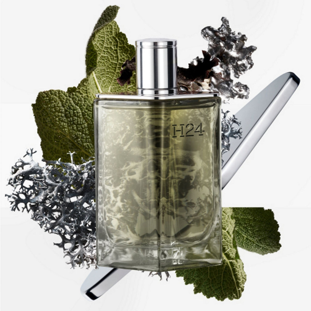 Refect Beauty Hermès H24 Eau de Parfum in a refillable glass bottle surrounded by clary sage leaves and moss.