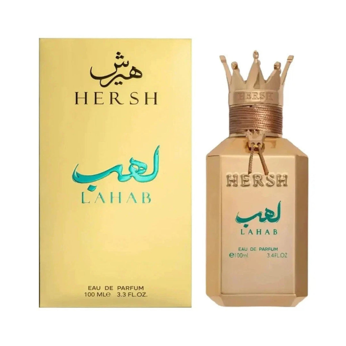 Refect Beauty Al Ezz Al Oud Hersh Lahab Eau de Parfum in a gold bottle with a crown cap and matching gold box.