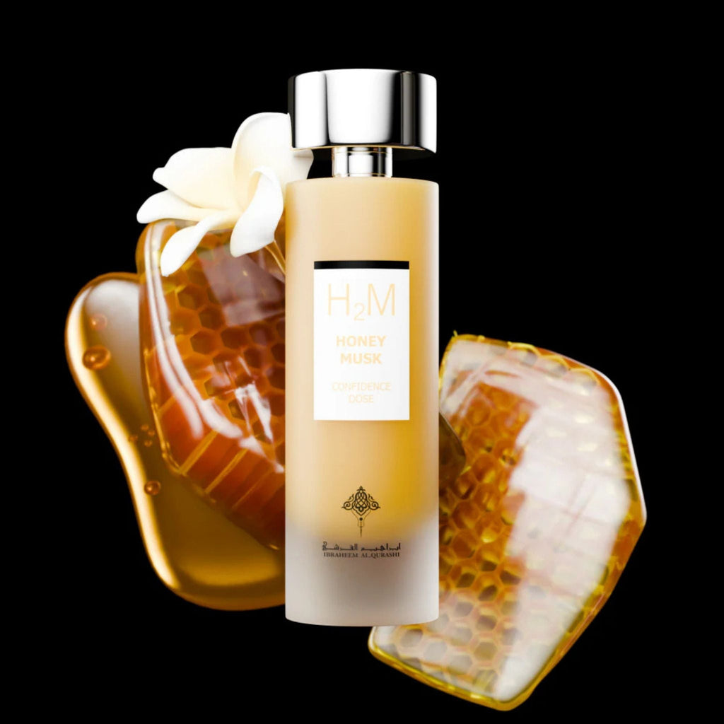 Refect Beauty Ibrahim Al Qurashi Honey Musk Confidence Dose perfume bottle with honeycomb and white flower accents