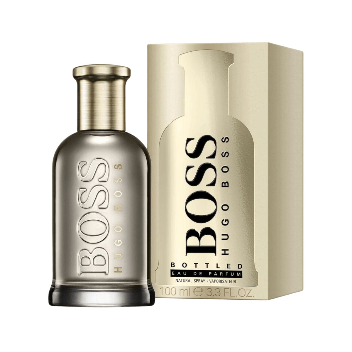 Refect Beauty Hugo Boss Bottled Eau de Parfum fragrance bottle and matching gold box packaging for men