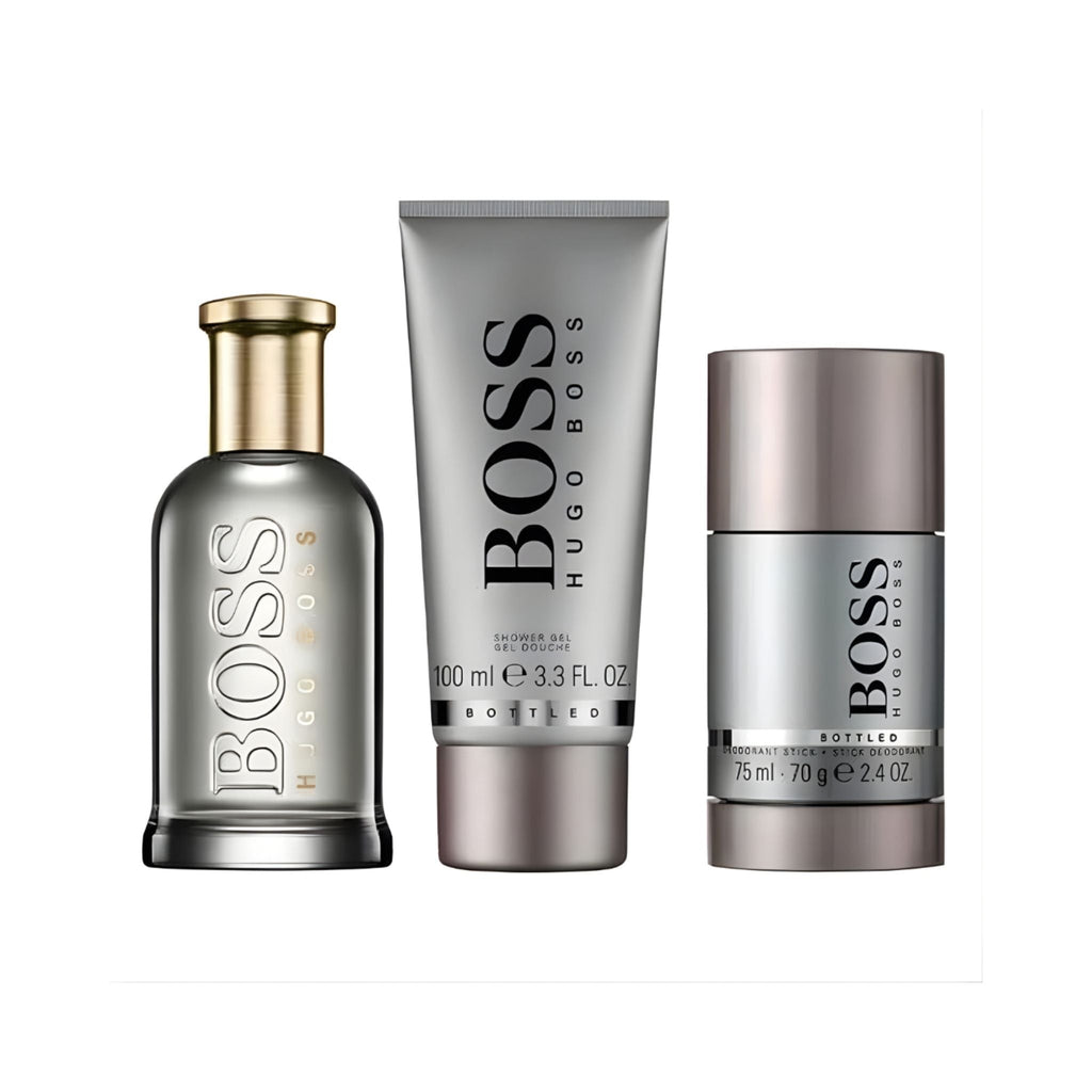 Refect Beauty Hugo Boss Bottled gift set featuring Eau de Parfum, shower gel, and deodorant for men
