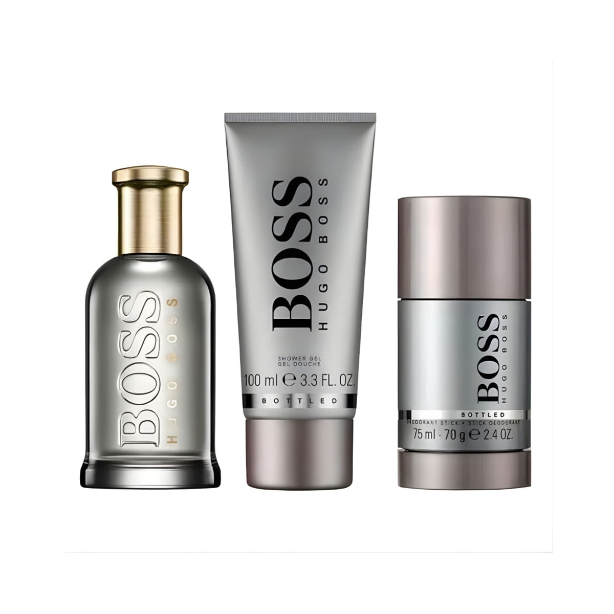 Refect Beauty Hugo Boss Bottled gift set featuring Eau de Parfum, shower gel, and deodorant for men