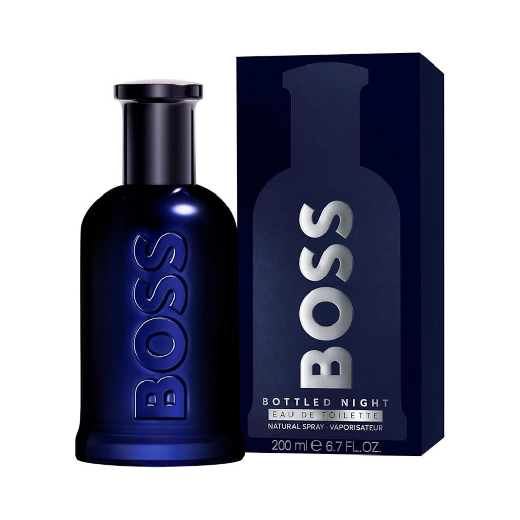 Refect Beauty Hugo Boss Bottled Night Eau de Toilette in a dark blue glass bottle next to its matching navy box