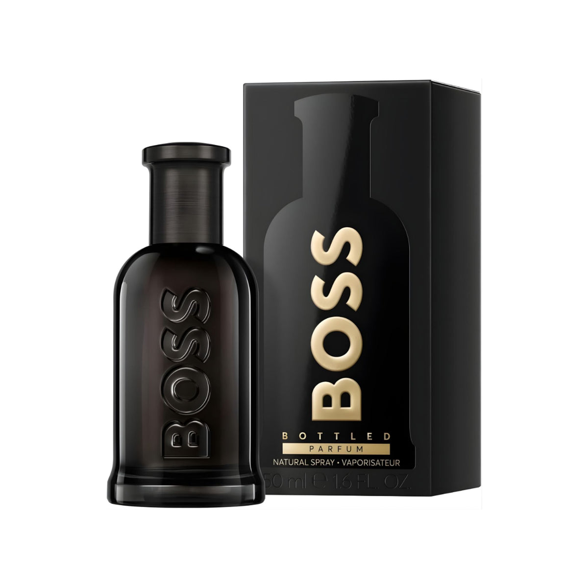 Refect Beauty Hugo Boss Bottled Parfum in a sleek black glass bottle with gold lettering and matching presentation box.