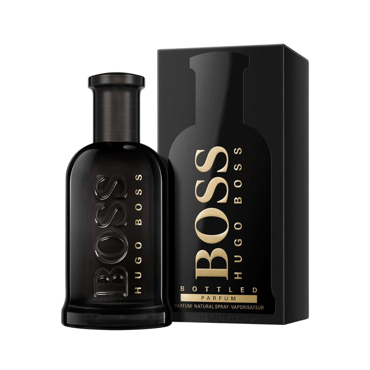 Refect Beauty Hugo Boss Bottled Parfum in a sleek black glass bottle with gold lettering and matching black box.