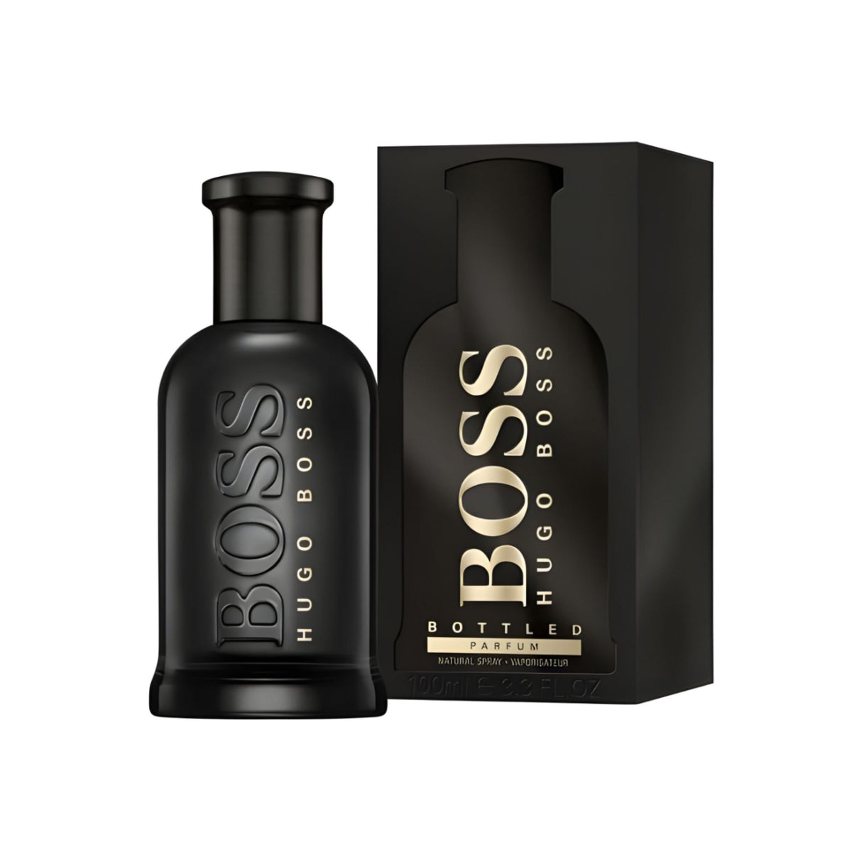 Refect Beauty Hugo Boss Bottled Parfum in a sleek matte black bottle with gold lettering and matching gift box.