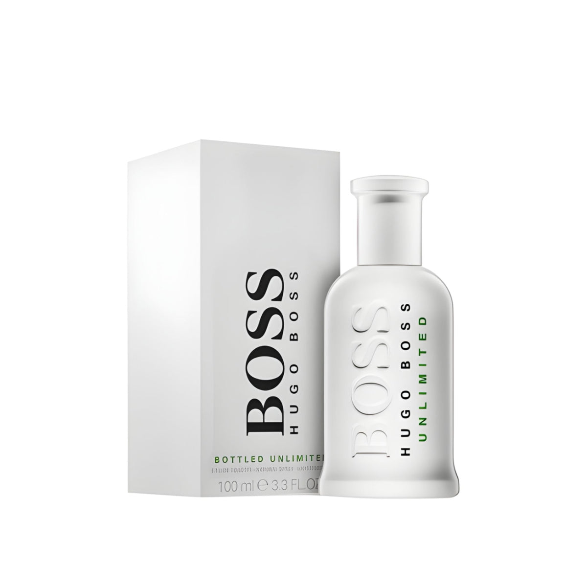 Refect Beauty Hugo Boss Bottled Unlimited Eau de Toilette white bottle and packaging with green text accents