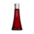 Refect Beauty Hugo Boss Deep Red Eau de Parfum for women in a sleek, tapered dark red glass bottle with silver cap.