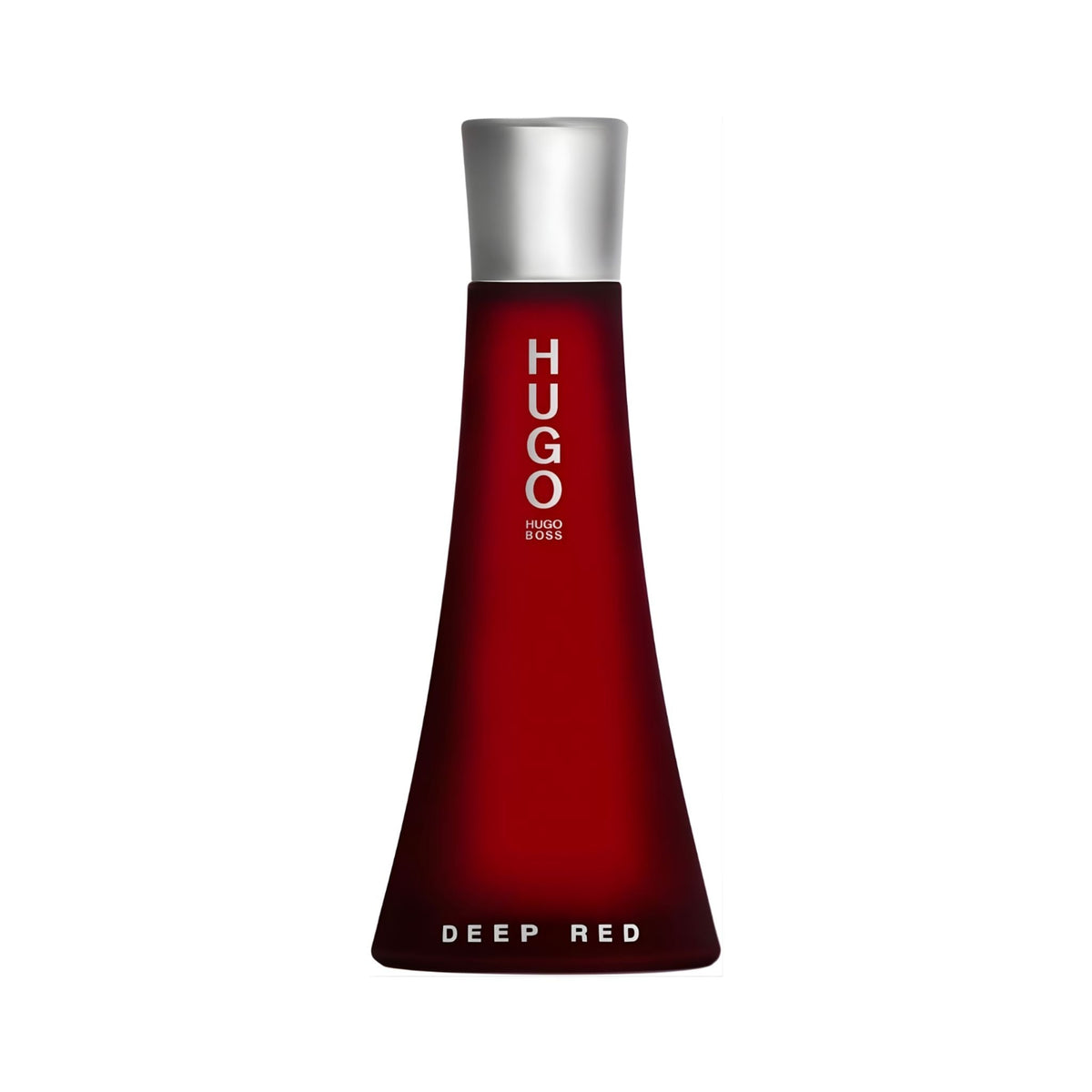 Refect Beauty Hugo Boss Deep Red Eau de Parfum for women in a sleek, tapered dark red glass bottle with silver cap.