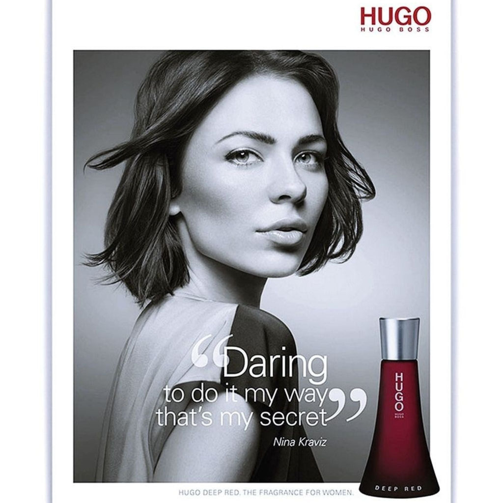 Refect Beauty advertisement featuring a woman and a bottle of Hugo Boss Deep Red Eau de Parfum for women