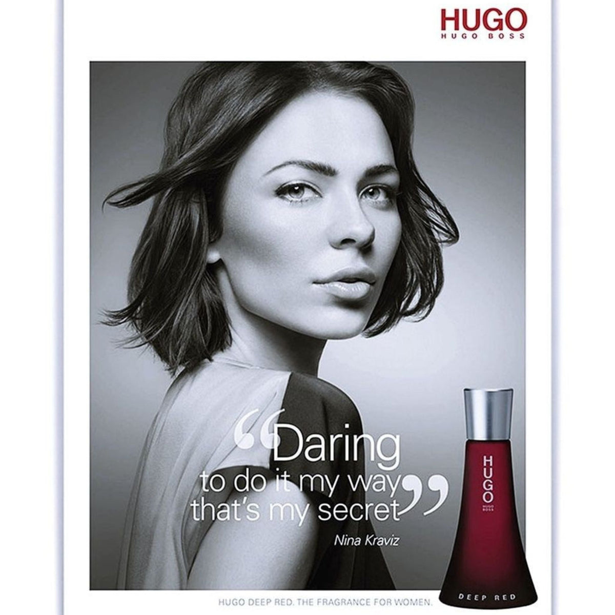 Refect Beauty advertisement featuring a woman and a bottle of Hugo Boss Deep Red Eau de Parfum for women