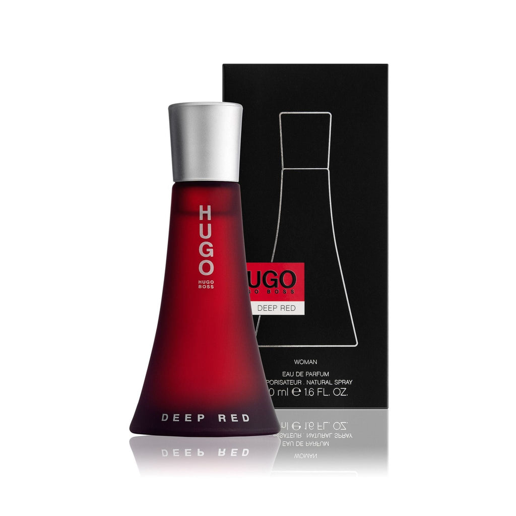 Refect Beauty Hugo Boss Deep Red Eau de Parfum for women in a sleek red glass bottle with its black presentation box.