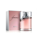 Refect Beauty Hugo Boss Femme Eau de Parfum 75ml bottle with pink liquid next to its elegant light pink packaging.