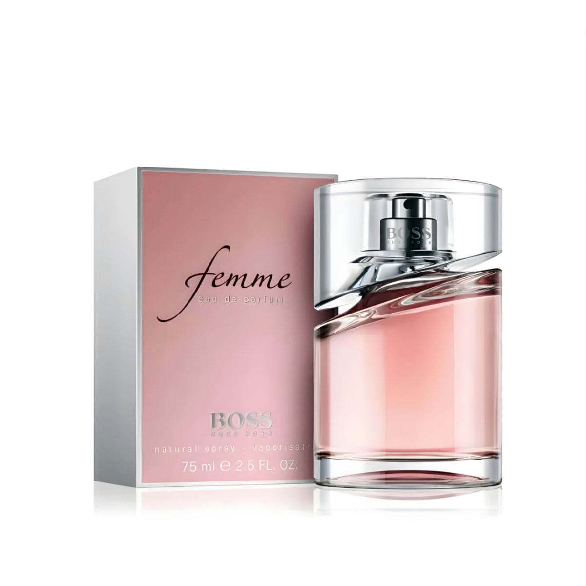 Refect Beauty Hugo Boss Femme Eau de Parfum 75ml bottle with pink liquid next to its elegant light pink packaging.