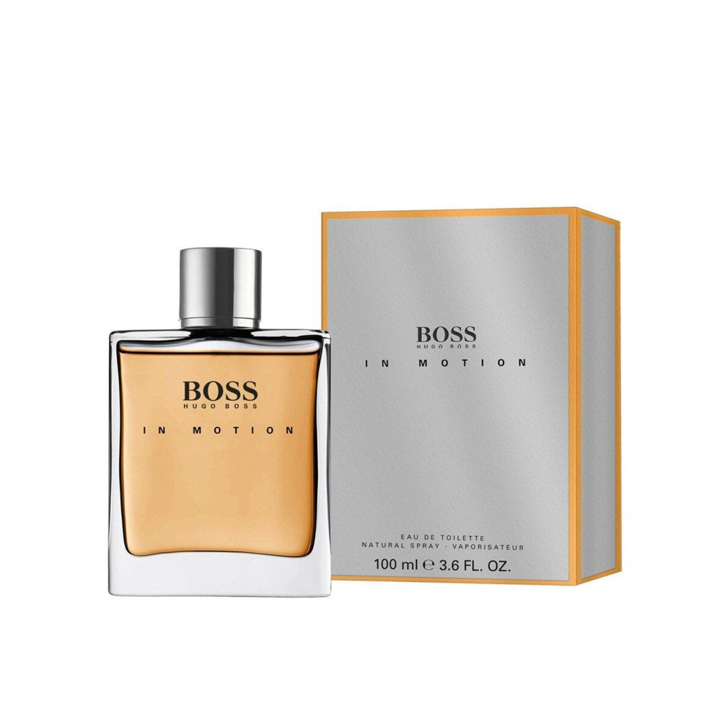 Refect Beauty Hugo Boss In Motion Eau de Toilette 100ml bottle and silver-orange box packaging for men