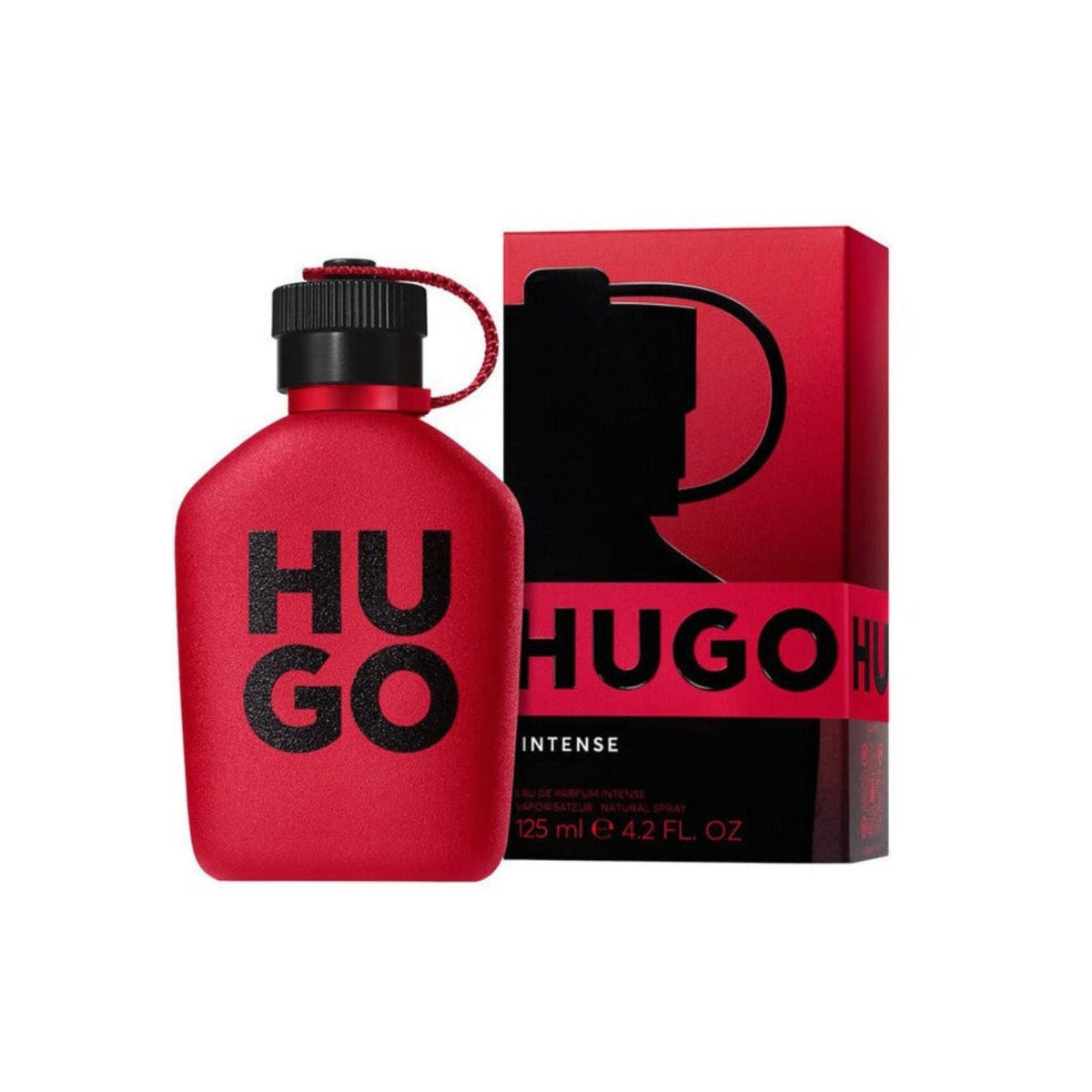 Refect Beauty Hugo Boss Intense Eau de Parfum for men in a vibrant red bottle with matching box packaging.