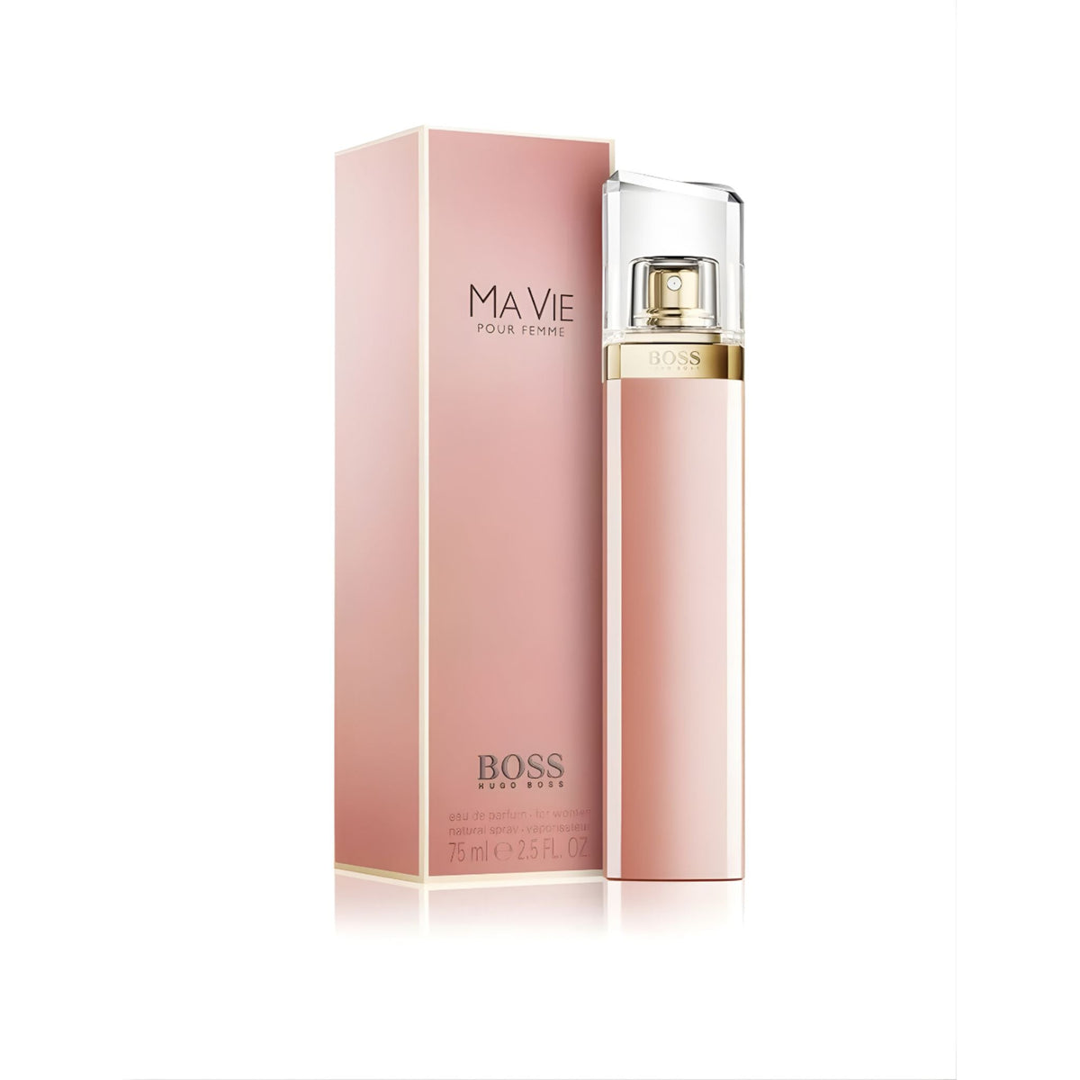 Refect Beauty Hugo Boss MA VIE Pour Femme Eau de Parfum 75ml bottle and pink rectangular box on white background