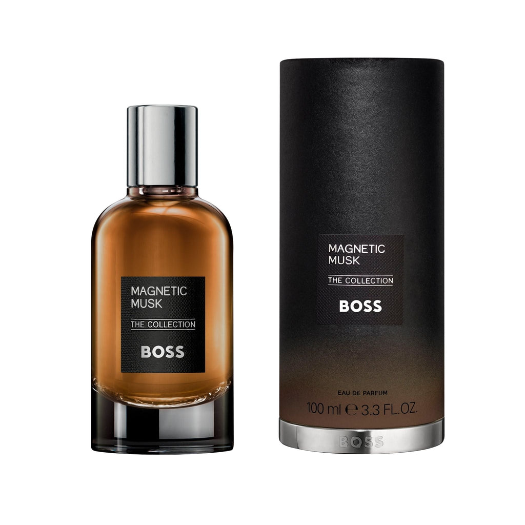 Refect Beauty Hugo Boss The Collection Magnetic Musk eau de parfum bottle and black cylindrical box for men