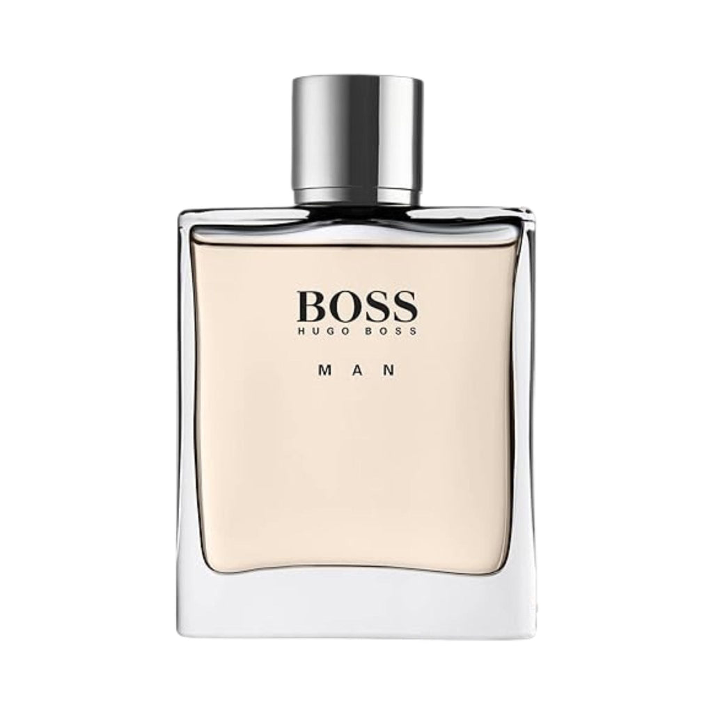 Refect Beauty Hugo Boss Man Eau de Toilette in a clear glass bottle with a silver cap, featuring a fresh masculine scent.