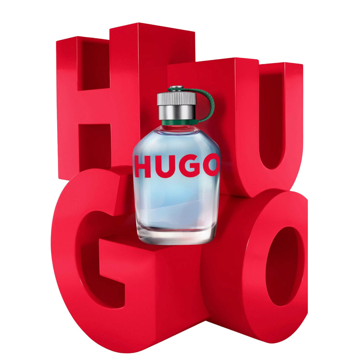 Refect Beauty Hugo Boss Hugo Man eau de toilette glass bottle with green cap in front of large red HUGO lettering