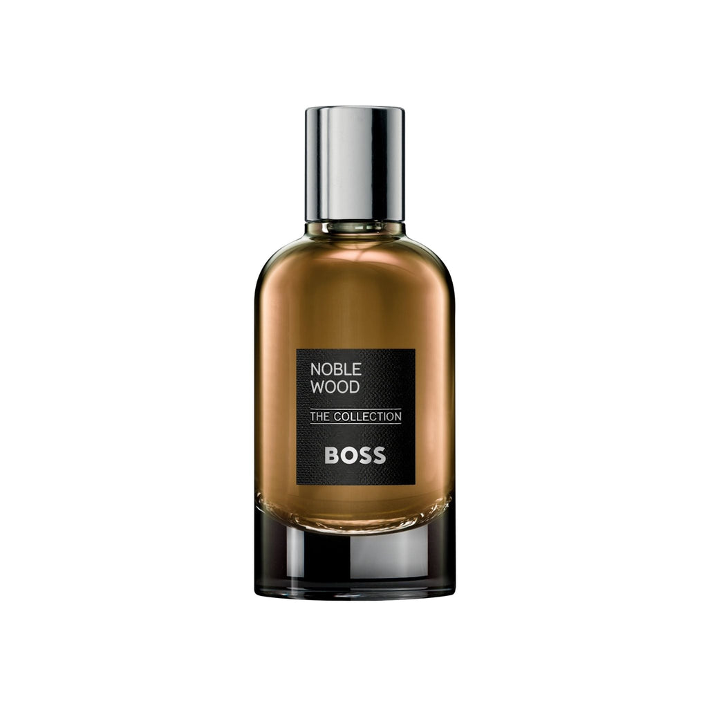 Refect Beauty Hugo Boss The Collection Noble Wood Eau de Parfum in a sleek glass bottle with a metallic silver cap.