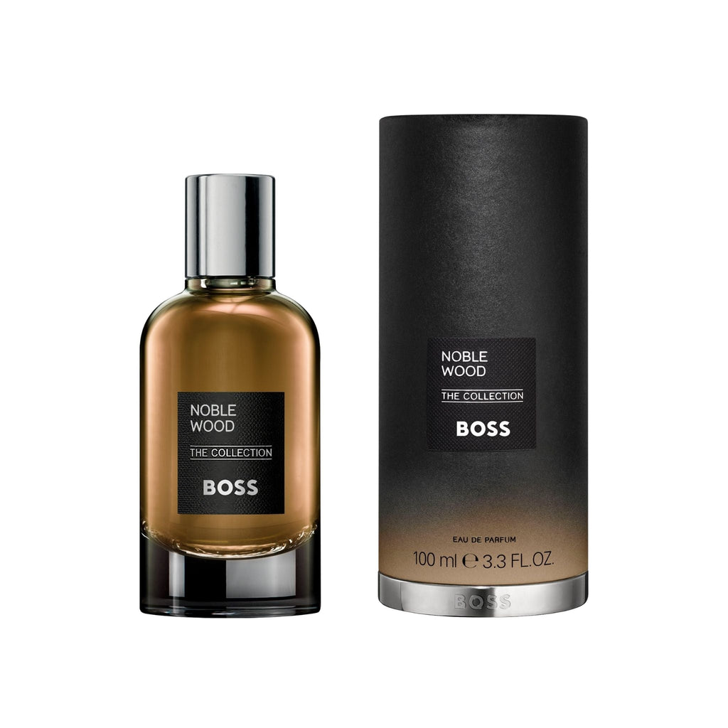 Refect Beauty Hugo Boss The Collection Noble Wood Eau de Parfum bottle and cylindrical box on a white background.