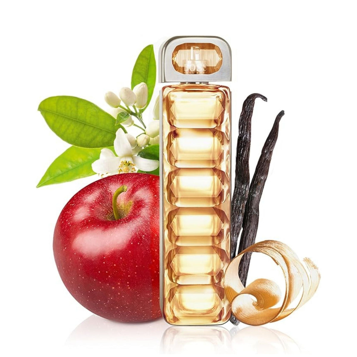 Refect Beauty Hugo Boss Boss Orange Woman Eau de Toilette bottle surrounded by red apple, vanilla, and orange blossom