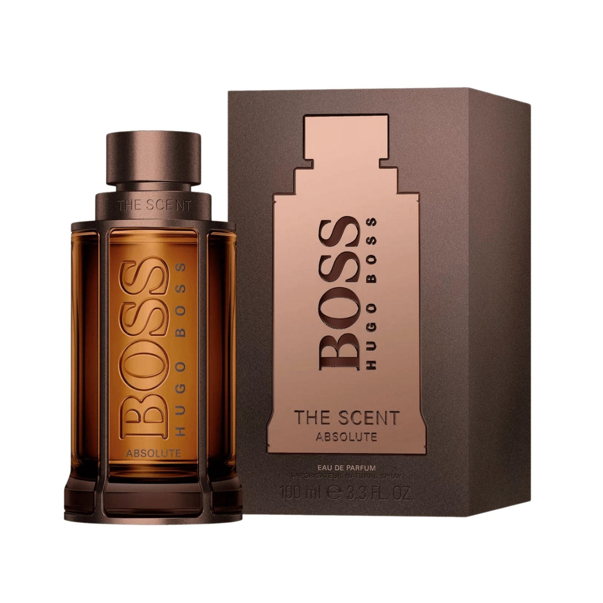 Refect Beauty Hugo Boss The Scent Absolute Eau de Parfum bottle and box in a warm metallic brown finish