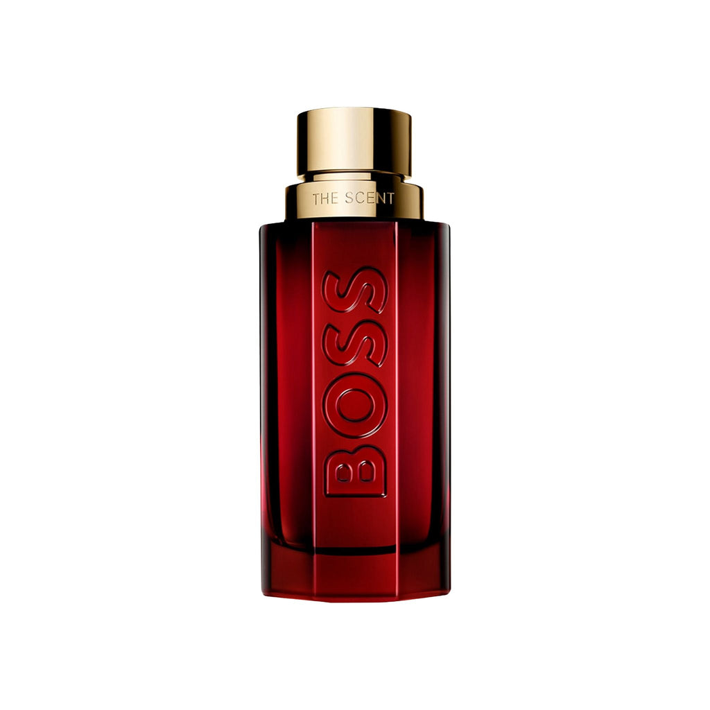 Refect Beauty Hugo Boss The Scent Elixir Parfum Intense in a deep red glass bottle with a metallic gold cap.