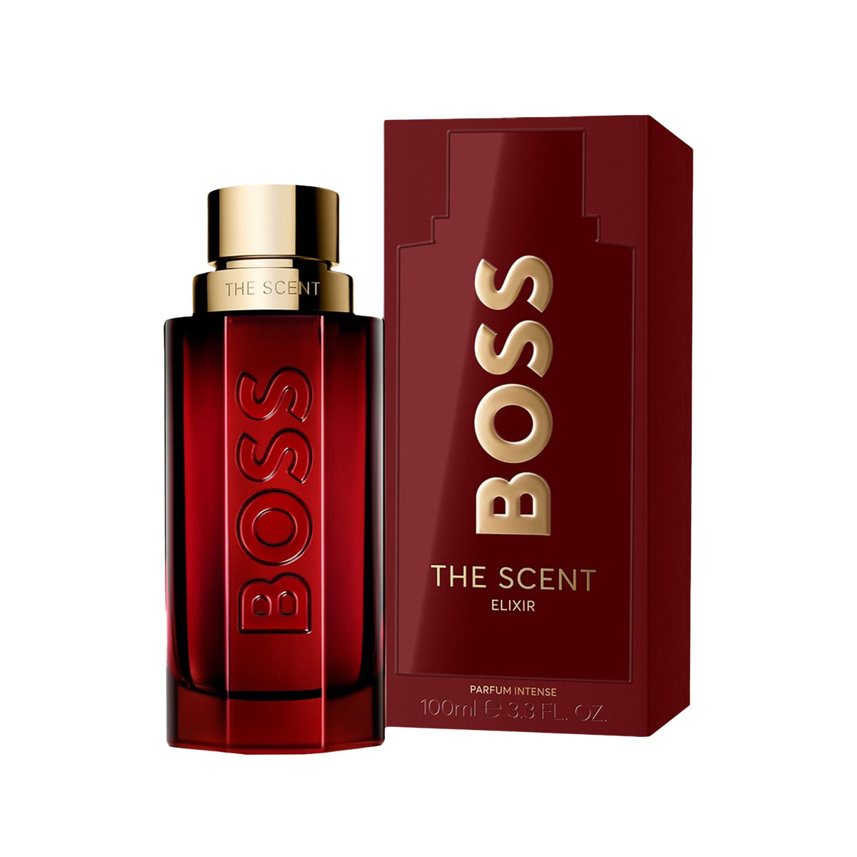 Refect Beauty Hugo Boss The Scent Elixir Parfum Intense bottle and dark red box packaging for men