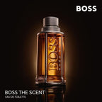 Refect Beauty Hugo Boss The Scent Eau de Toilette in a sleek amber glass bottle with metallic silver accents