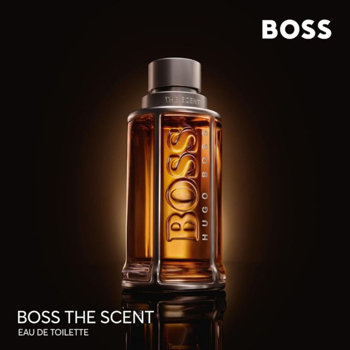 Refect Beauty Hugo Boss The Scent Eau de Toilette in a sleek amber glass bottle with metallic silver accents