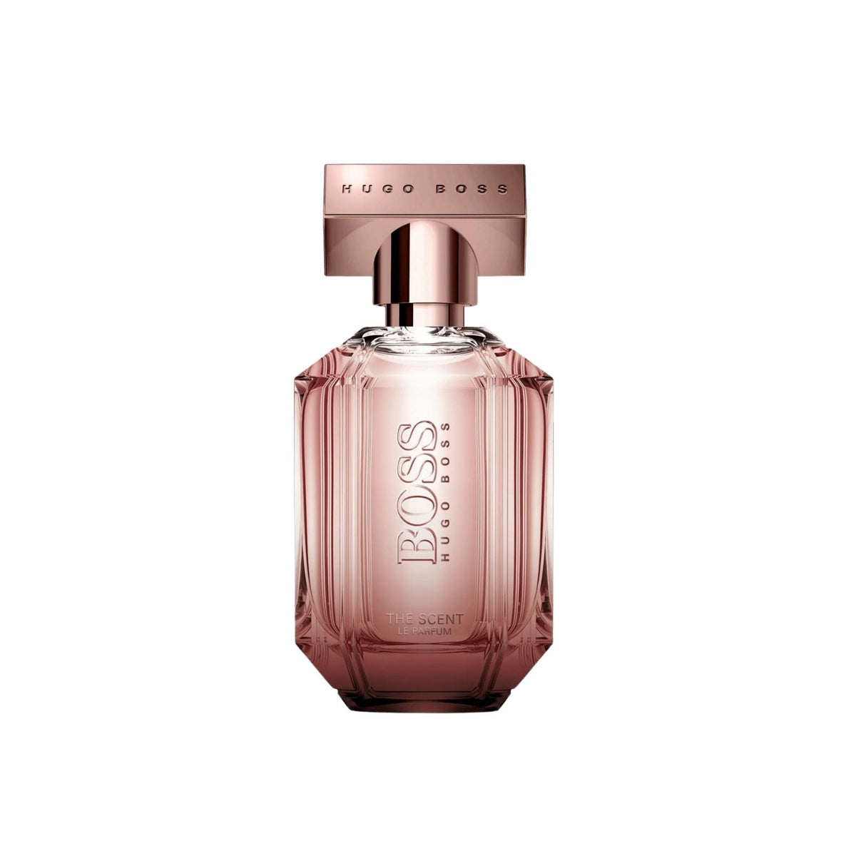Refect Beauty Hugo Boss The Scent Le Parfum bottle with a metallic rose gold cap and faceted glass design.