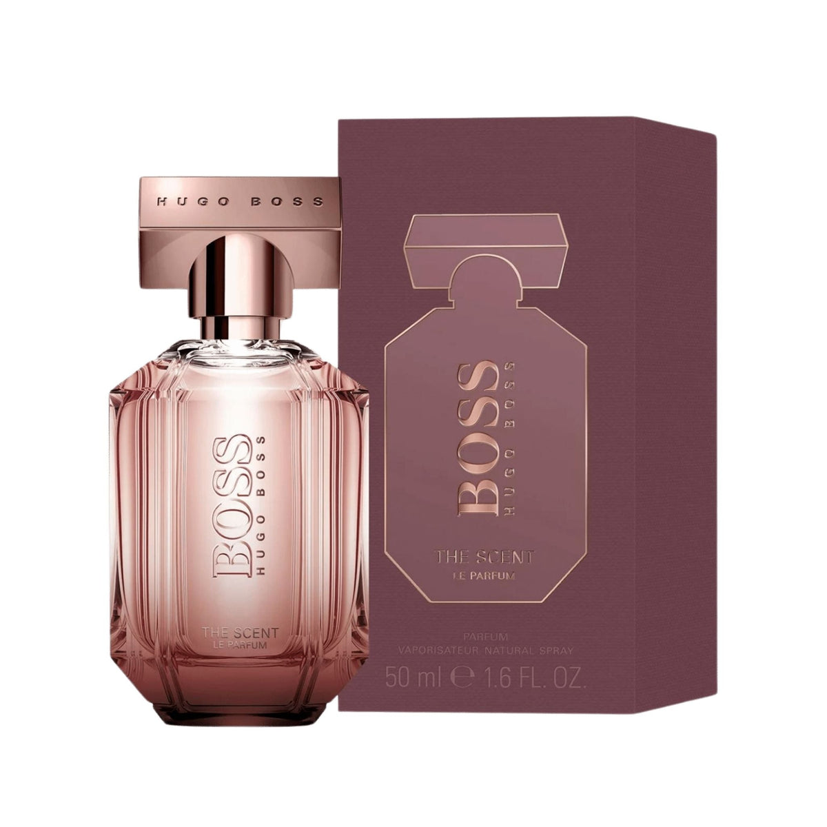 Refect Beauty Hugo Boss The Scent Le Parfum bottle and box, a sophisticated masculine fragrance with a metallic cap.