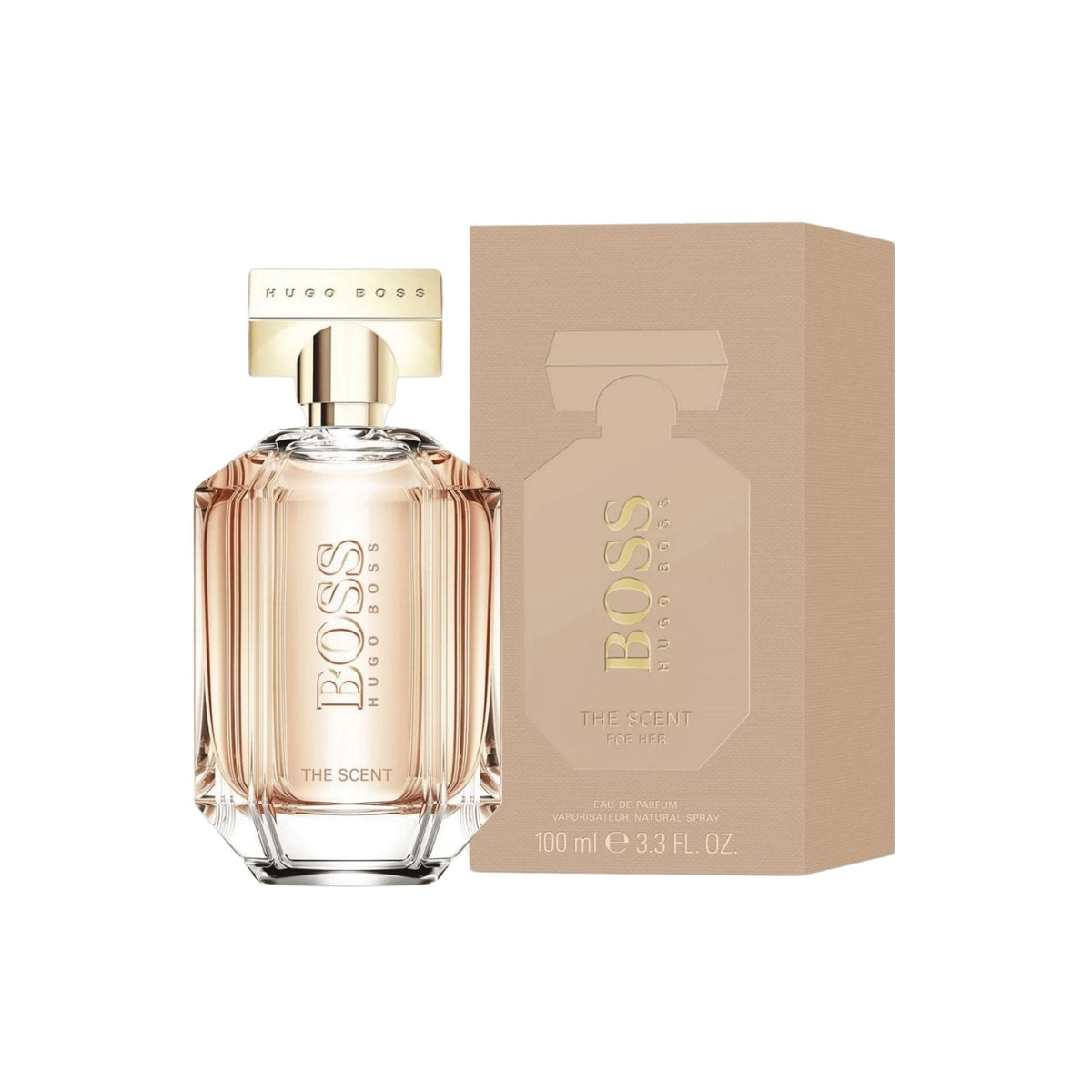 Refect Beauty Hugo Boss The Scent For Her Eau de Parfum bottle with gold cap and matching beige presentation box