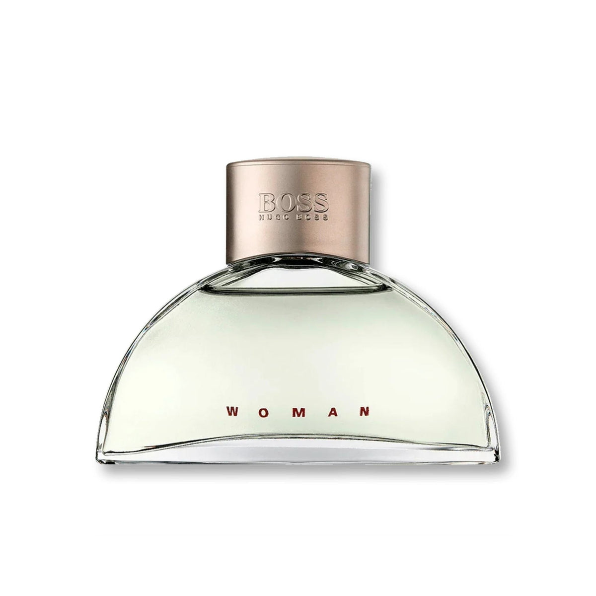 Refect Beauty Hugo Boss Woman Eau de Parfum in a sleek, semi-circular glass bottle with a metallic cap.