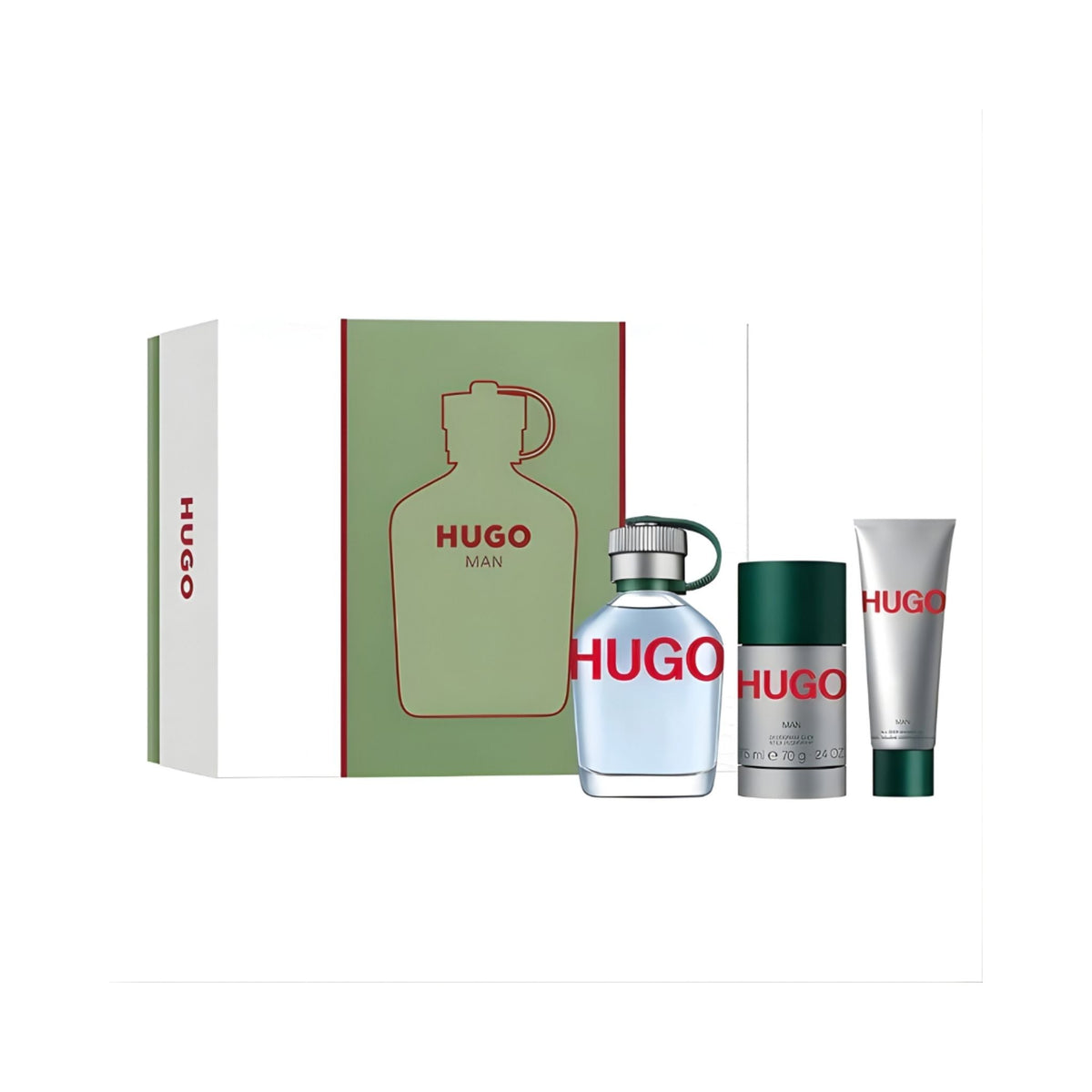 Refect Beauty Hugo Boss Hugo Man gift set featuring eau de toilette, deodorant stick, and shower gel in green box.