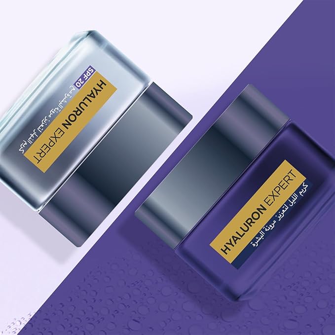 Refect Beauty L'Oréal Paris Hyaluron Expert day and night cream jars on a purple background